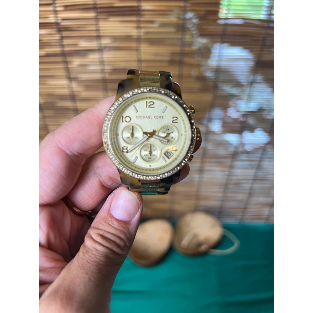 Michael Kors Ritz Tortoise Shell Gold Chronograph Watch MK5039 Crystal Bezel
